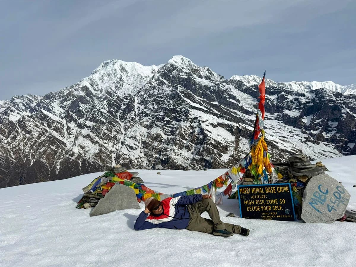 Trekker at Mardi Himal Base Camp (4,500 meters)