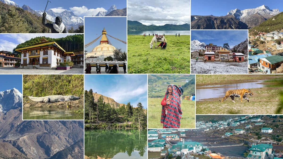 Collage showing Beyond Treks in Nepal: Everest, Rara Lake, Bardiya National Park