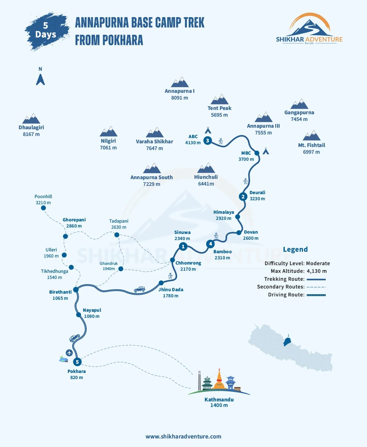 Map showing the map from Pokhara to Annapurna Base Camp