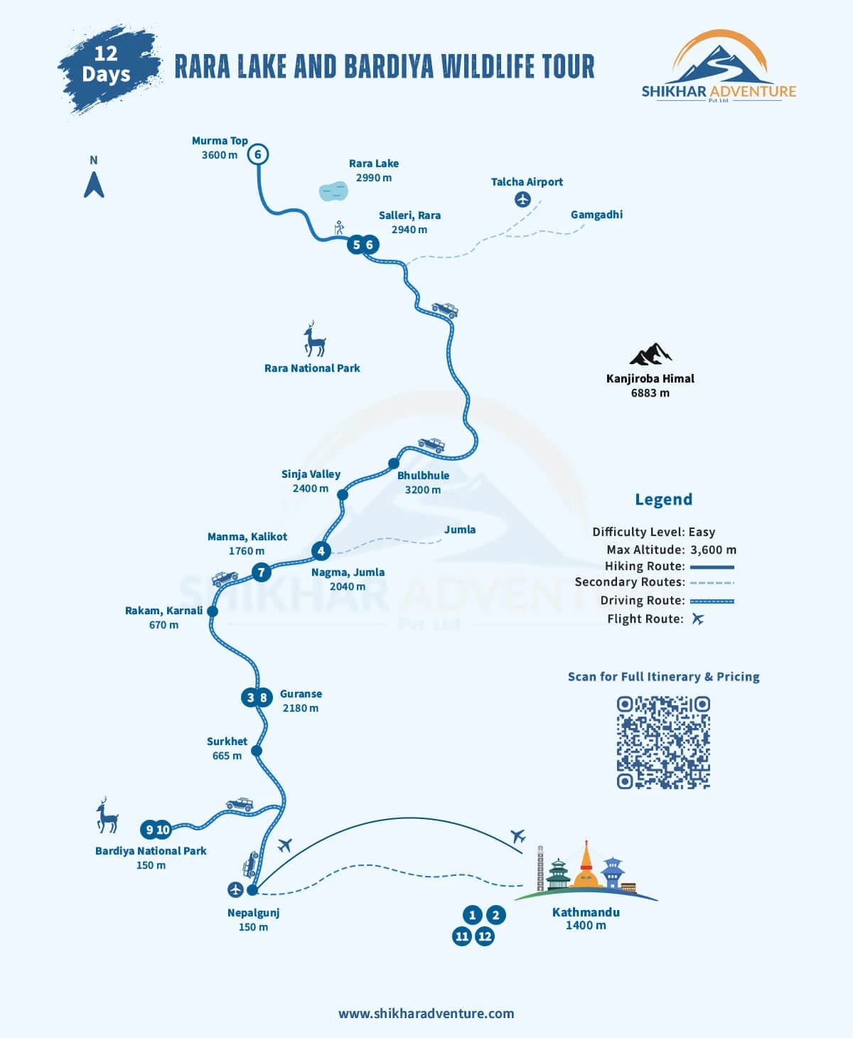 Rara Lake and Bardiya Wildlife Tour Route Map - Nepal Adventure Route Map
