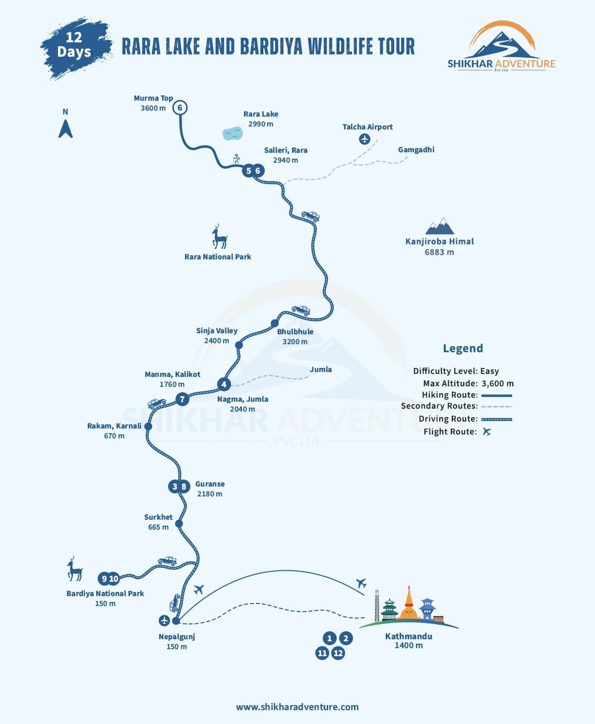 Rara Lake and Bardiya Wildlife Tour Route Map - Nepal Adventure Route Map